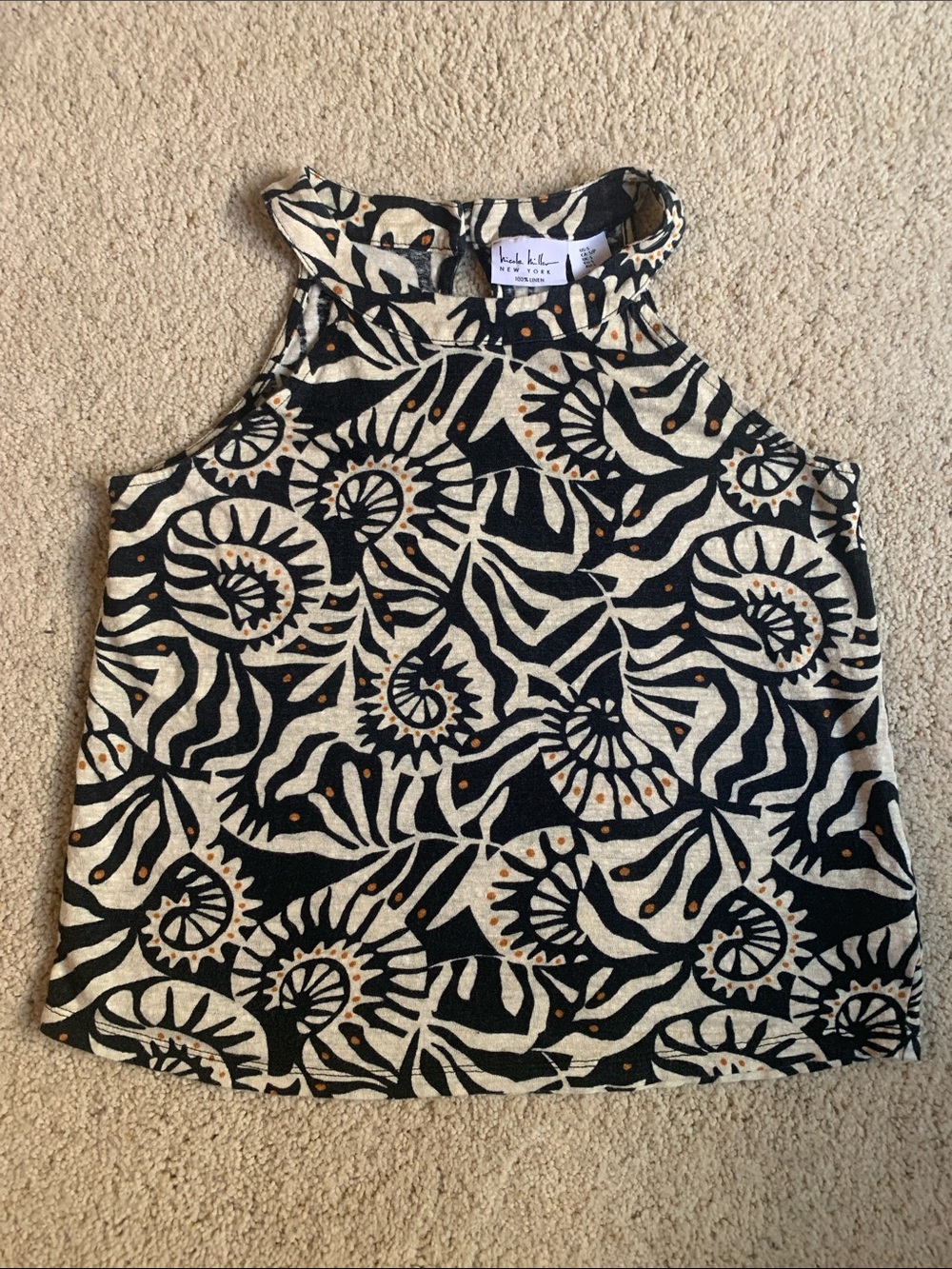 Nicole Miller Black & Cream Botanical Halter with Tan Accents 100% linen